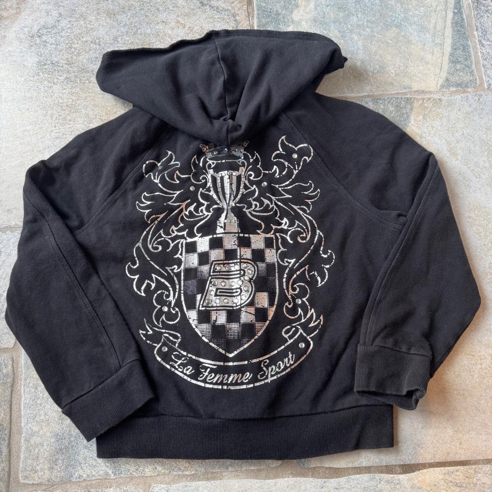 Y2K Bebe Sport Black Zip Up Hoodie M Crop Fit Rhinestone Pockets‎